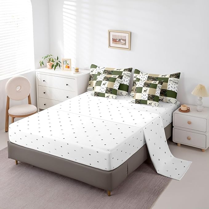Feelyou Wild Deer 7 Piece Bedding Set King Size Geometric Pattern Comforter Set with Sheets for Kids Boys Girls Teens Green and Beige Bed in a Bag Camouflage Bed Set