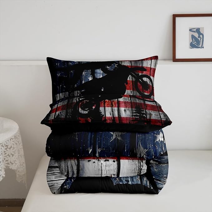 American Flag Comforter Set Queen Size Boys Dirt Bike Racing Motocross Rider Bedding Set Kids Teens Men Rustic Farmhouse Wooden Quilt Set Retro Black Pine Tree Silhouette Duvet Insert 3pcs