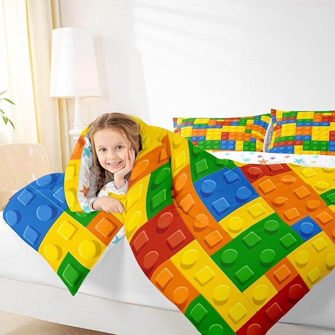 Feelyou Games Comforter Set Full Size Building Blocks Bedding Set for Kids Boys Girls Colorful Geometric Toy Brick Comforter Inner Fill Toddler Gaming Bedroom Nursery Quilt Duvet Set with 2 Pillowcase