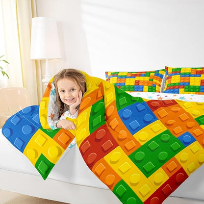 Feelyou Games Comforter Set Queen Building Blocks Bedding Set for Kids Boys Girls Colorful Geometric Toy Brick Comforter Gaming Nursery Quilt Duvet Set with 2 Pillowcase Boys