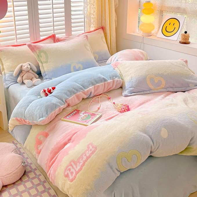 Rainbow Love Kids Duvet Cover Set Cute Kawaii Bedding Set Twin Size Snowflake Fluffy Comforter Cover Blanket Soft Reversible Duvet Cover Room Decor for Girls Women Boys(Love,Twin)