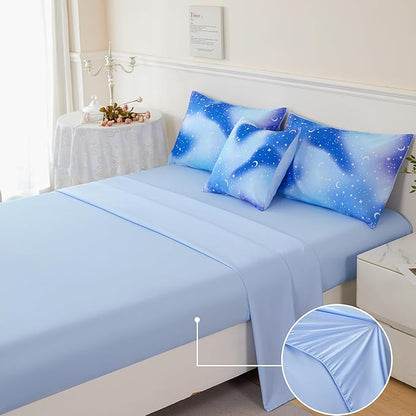URBONUR 6Pcs Gradient Glitter Comforter Set for Girls Queen Size Blue Galaxy Kids Bedding Set for Boys Comforter Sets Soft Bed in A Bag Queen (Ombre Blue)