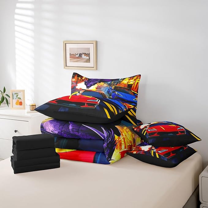 Feelyou Racing Car 7 Piece Bedding Set King Size Red Blue Racing Car Comforter Set with Sheets for Kids Boys Teens Dinosaur Monster Bed in a Bag Fast and Furious Bed Set
