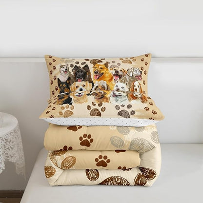 Castle Fairy Puppy Dogs Comforter Set Queen Size,Funny Cute Pet Dog Paw Print Bedding Set for Women Adult,Vintage Watercolor Dogs Animal Luxury Bed Duvet Insert, 2 Pillowcases