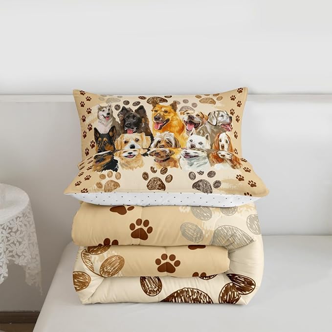 Castle Fairy Puppy Dogs Full Size Comforter Set,Funny Cute Pet Dog Paw Print Bedding Comforters Bedroom Collection,Vintage Watercolor Dogs Animal Bedding Set for Girls Teens