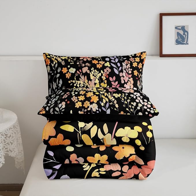 Erosebridal Boho Yellow Flower Comforter Set King Size for Girls Women,Cute Colorful Flowers Bedding Set Rustic Decor for Bedroom,Watercolor Floral Quilt Bed Set Wildflower Bed Comforter Set 3Pcs