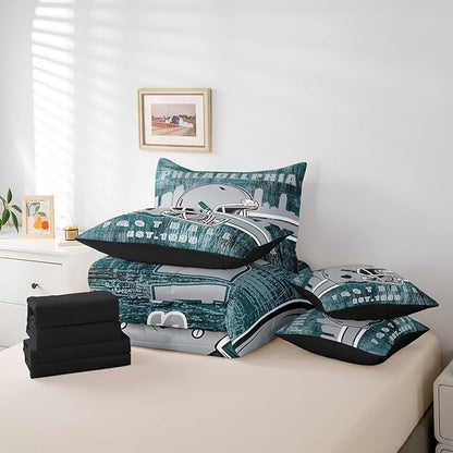 Erosebridal 7Pcs Boys Classic Football Seasonal Bedding Set Sports City Rugby Decor Bed in A Bag, Football Game Theme Comforter Sets with Sheets Grey and Turquoise Sports Helmet Bed Set Queen Size