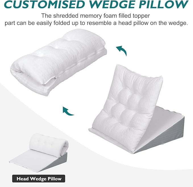 TANYOO Bed Wedge Pillow for Sleep Apnea 10 Inch Gerd Pillow Patent Dual Layer Triangle Pillow Adjustable Shredded Memory Foam Topper Soft Support Ideal for Acid Reflux, After Surgery, Snoring