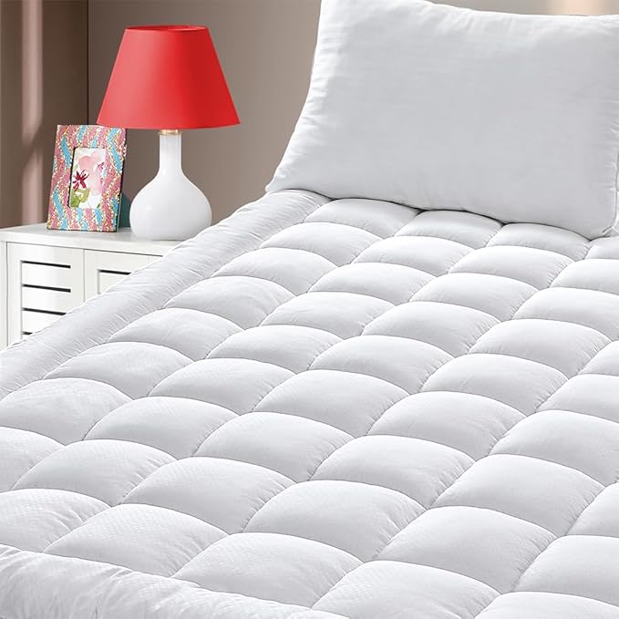Twin Size Quilted Fitted Mattress Pad Cover with Deep Pocket Fitted 8" - 21", Ultra Soft and Comfortable, Breathable (White, Twin)