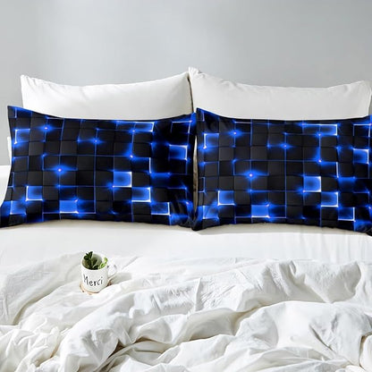Castle Fairy Geometric Duvet Cover Queen Size,3D Abstract Modern Square Grid Print Duvet Cover Set for Children Adult,Shiny Blue Neon Light Black Soft Comforter Cover for Dorm Room, Zipper, Ties