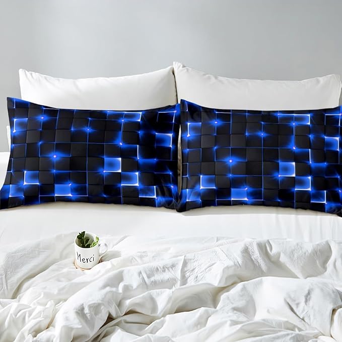 Castle Fairy Geometric Bedding Set King Size for Teens,3D Abstract Modern Square Grid Print Comforter Cover with 2 Pillowcases,Shiny Blue Neon Light Black Duvet Cover Set Microfiber Quilt Cover