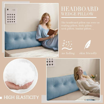 Queen Size Headboard Pillow Wedge Long Backrest Positioning Support for Daybed Wedge Bed Rest Reading Pillow with Side Pockets Bolster Cushion