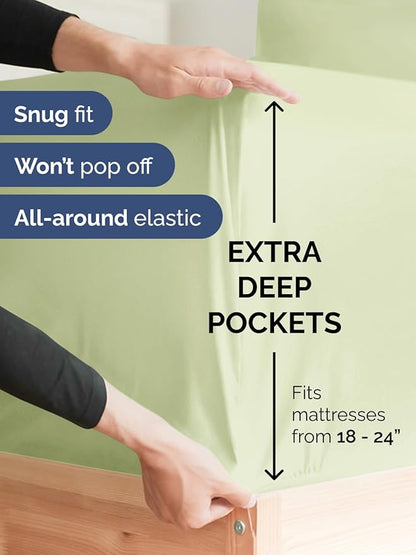 Extra Deep Split King Sheet Set - 7 Piece Breathable & Cooling Sheets - Hotel Luxury Bed Sheets Set - Easy Fit - Soft, Wrinkle Free & Comfy Sheets Set - Light Sage Sheet Set with Extra Deep Pockets