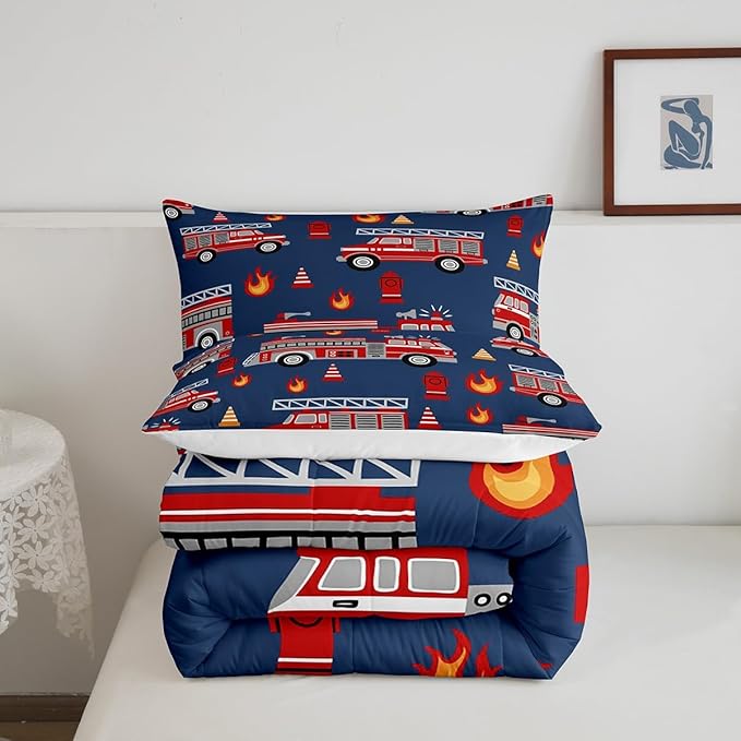 Feelyou Cartoon Car Bedding Set Fire Truck Comforter Set for Kids Boys Girls Teens Room Decor Firefighter Comforter Firemen Car Vehicle Fire Engine Blue Red Duvet Set 3Pcs Queen Size