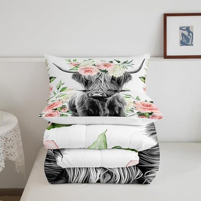 Feelyou Highland Cow Bedding Set Kids Rose Floral Bull Cattle Comforter Set for Girls Teens Western Wildlife Animal Comforter Farmhouse Duvet Set Room Decor Quilt Set Toddler Size