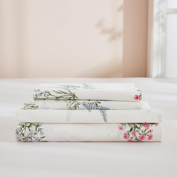 100% Washed Cotton Duvet Cover King Size - Linen Like Reversible Durable Soft Floral Duvet Cover Sets, 3 Pieces White Comforter Cover with Zipper Closure