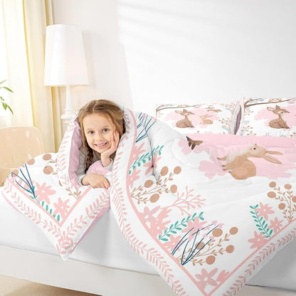 jejeloiu Cute Sika Deer Bedding Set King Size Pink Flower Comforter Set for Kids Boys Girls Fairytale Theme Duvet Set Kawaii Owl Quilt Set 3Pcs
