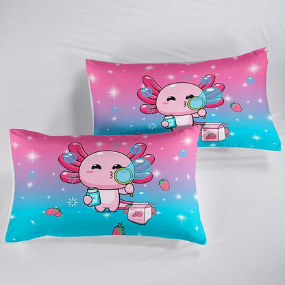 QOOMO Kawaii Axolotl Comforter,Pink Salamander Comforter Set for Kids Teens Girls,3Pcs Bedding Set Printed Comforter with 2 Pillowcases,Down Alternative,Soft and Lightweight(Pink，Twin Size)