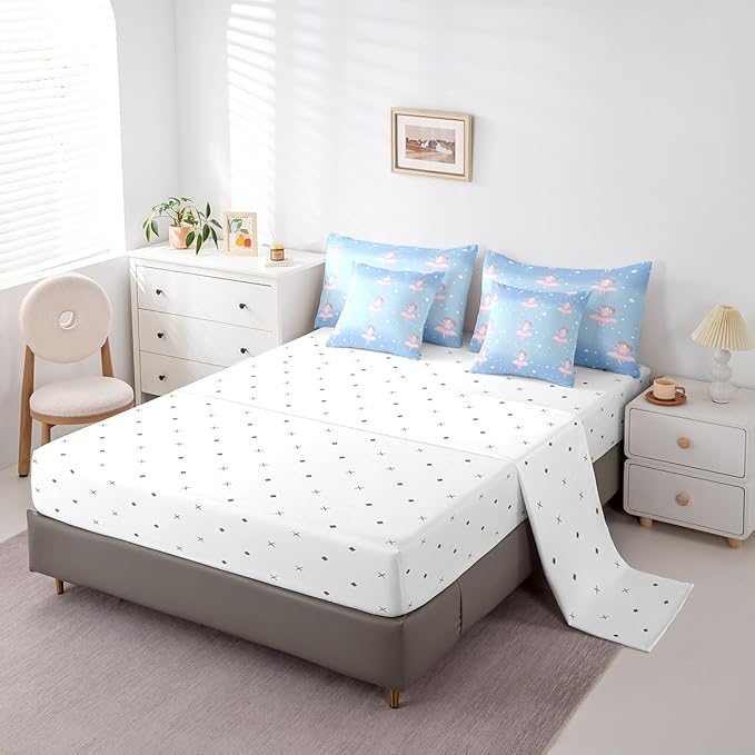 Feelyou Ballet Bedding Set, 7 Piece Star Pattern Comforter Set with Sheets for Kids, Teens, Toddlers Dancing Girl Bed in a Bag, King Size