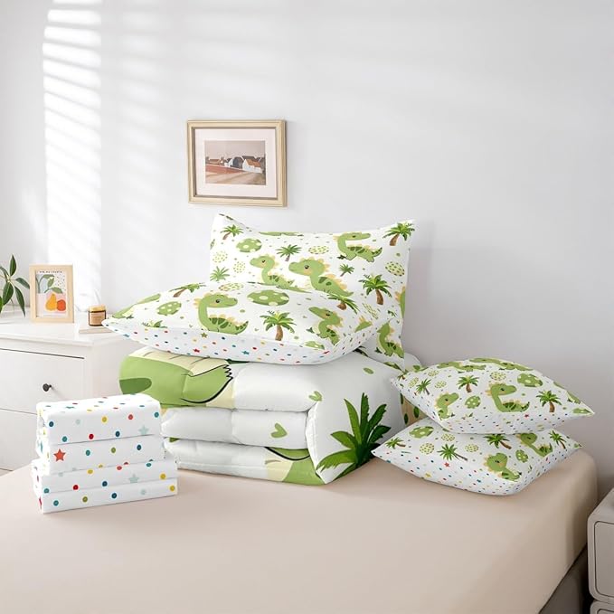 Feelyou Cute Dinosaur 7 Piece Bedding Set Cartoon Green Dinosaur Comforter Set with Sheets for Kids Boys Girls Animal Egg Bed in a Bag Coconut Tree Bed Set Soft Lightweight