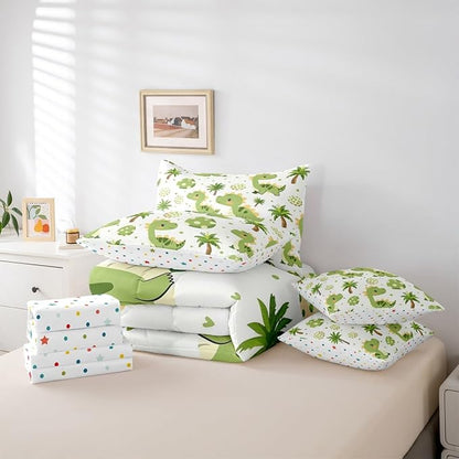 Feelyou Cute Dinosaur 7 Piece Bedding Set Cartoon Green Dinosaur Comforter Set with Sheets for Kids Boys Girls Animal Egg Bed in a Bag Coconut Tree Bed Set Soft Lightweight