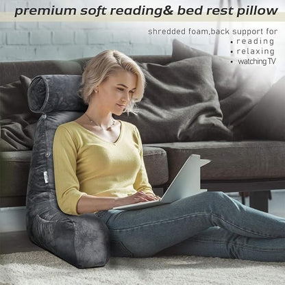 Extra Large Reading Pillow for Sitting in Bed Adult with Detachable Neck Support Cushion & Backrest Pillow for Bed with Arms and Side Pocket Shredded Foam Back Pillow with Washable Cover