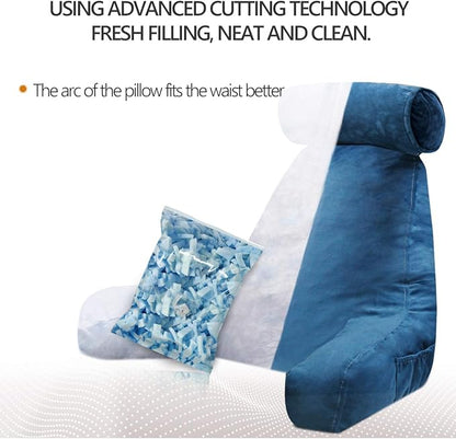Reading Pillow for Sitting in Bed Adult with Detachable Neck Roll & Big Backrest Pillow for Bed Sitting up with Arms Side Pocket Shredded Foam Back Pillows Chair Pillow with Washable Cover