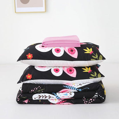 Girls Butterfly Comforter Set Queen Size Black 7 Piece Bed in A Bag Colorful Flowers Leaves Bedding Set for Kids Teens Adults Super Soft All Season