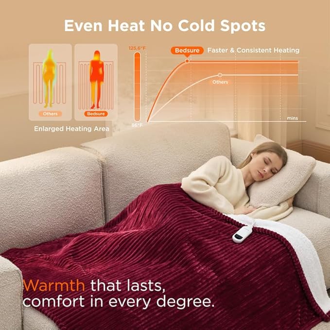 Bedsure GentleSoft Heated Blanket Throw - Soft Ribbed Flannel Electric Blanket, Heating with 4 Time Settings, 6 Heat Settings, and 3 hrs Timer Auto Shut Off, Gifts for Grandma (50x60 inches, Burgundy)