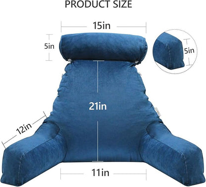 Reading Pillow for Sitting in Bed Adult with Detachable Neck Roll & Big Backrest Pillow for Bed Sitting up with Arms Side Pocket Shredded Foam Back Pillows Chair Pillow with Washable Cover