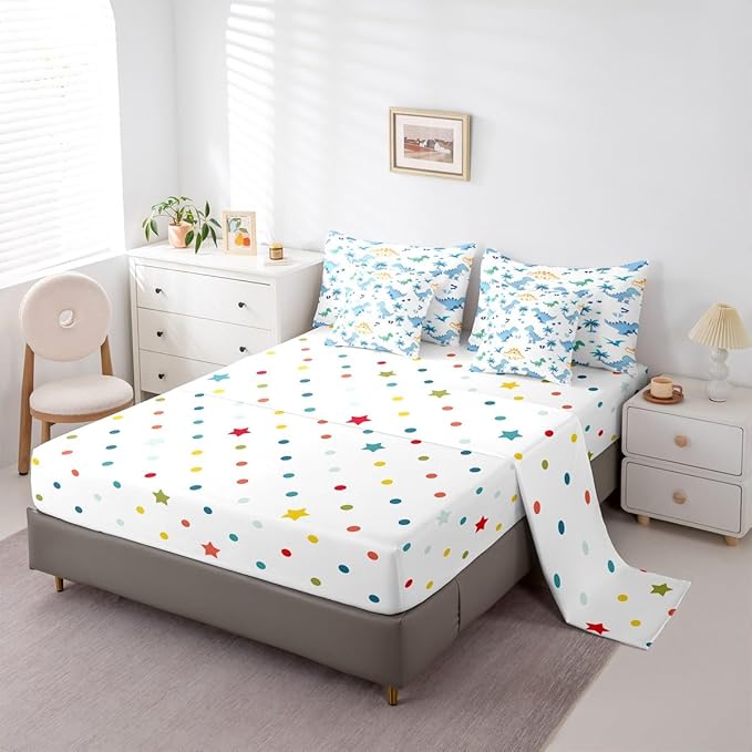 Feelyou Cute Dinosaur 7 Piece Bedding Set Blue Dinosaur Comforter Set with Sheets for Kids Boys Girls Coconut Palm Bed in a Bag Animal Theme Bed Set Soft Lightweight