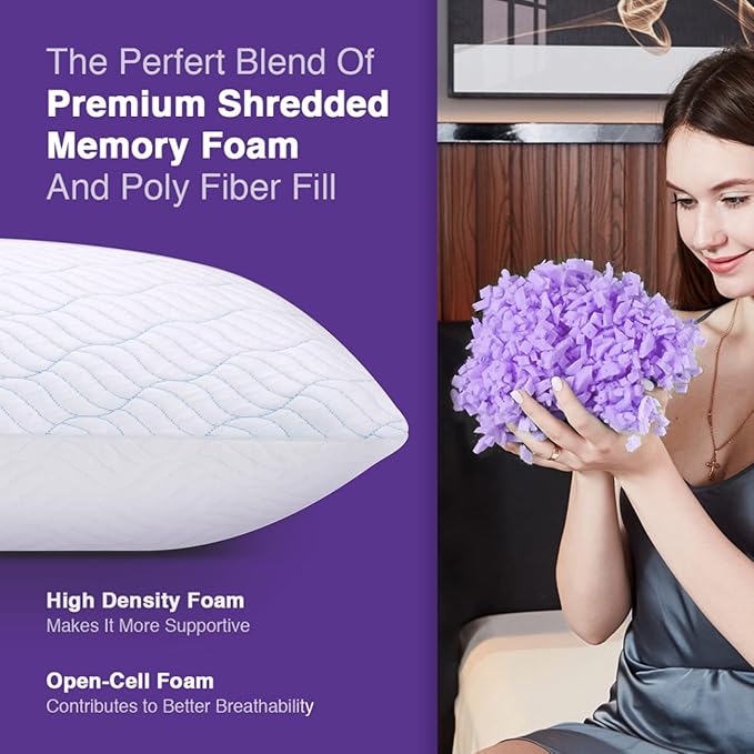 Cooling Pillows Standard Size Set of 4, Shredded Memory Foam Pillows with Zipper, Adjustable Firm for Sleeping Cool Cold Pillow for Hot, Side Sleepers,20x26,4 Pack