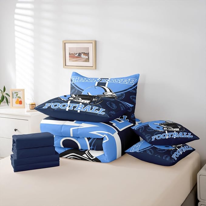 Feelyou Football Comforter Set with Sheets 7 Piece King Size Ball Games Bedding Set for Kids Boys Girls Rugby Bed in a Bag City of Footballs Room Decor Rugby Sports Soft Lightweight