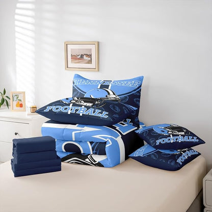 Feelyou Football Comforter Set with Sheets 7 Piece Queen Size Ball Games Bedding Set for Kids Boys Girls Rugby Bed in a Bag City of Footballs Room Decor Rugby Sports Soft Lightweight