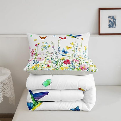 Erosebridal Wildflower Queen Comforter Set for Girls,Colorful Boho Floral Bedding Sets for Kids Women,Spring Flower Butterfly Hummingbird Bed Set,Botanical Flowers Room Decor with 2 Pillowcases