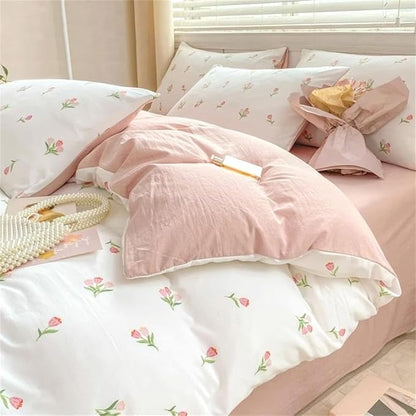 Floral Duvet Cover King Size Pink White Botanical Floral Bedding Set 3 Pieces Soft Breathable Garden Aesthetic Flower Comforter Cover with 2 Pillow Cases