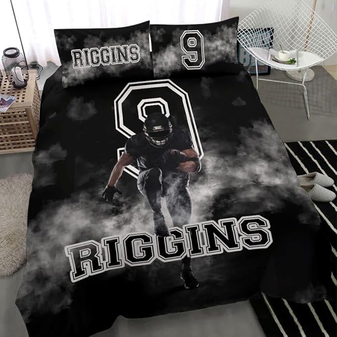 Personalized American Football Bedding Set, Kids 3 Piece Duvet Cover Set with Pillow Shams for Teens Boys, NO Comforter, Twin Size for Rugby Lovers (Football 07)