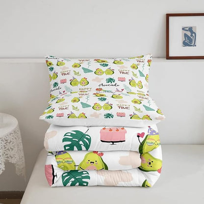 Feelyou Avocado Comforter Set for Kids Boys Girls Green Yellow Avocado Kawaii Cute Bedding Set Twin Size Tropical Leaves Decor Lovely Fruit Ultra Soft All Seasons Quilt Set Pillowcase