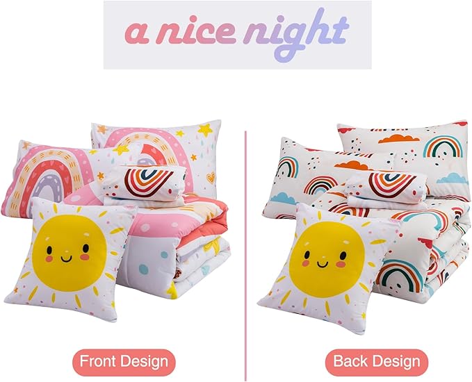 A Nice Night Bedding 6 Pcs Cartoon Rainbow Bedding Set with Smile Sun Printed for Boys Girls Bed Comforter Sets (White, Twin)