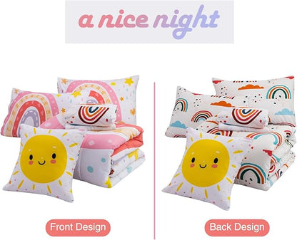 A Nice Night Lightweight Soft Cartoon Rainbow 6Pcs Queen Comforter Sets, Love Hearts Printed Bedding Set for Boys Girls(White,Queen)