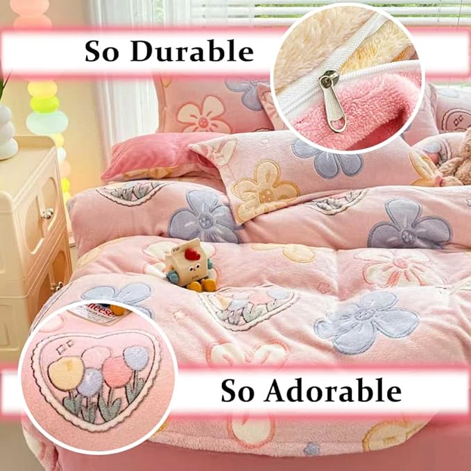 Pink Floral Kids Duvet Cover Set Cute Kawaii Bedding Set Twin Size Snowflake Fluffy Comforter Cover Blanket Soft Reversible Duvet Cover Set Room Decor for Girls Women Boys(Pink Flowers,Twin)
