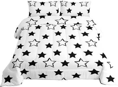 Axolotl Kids Full Bedding Comforter Set,3Pcs Super Cute Soft Black and White Stars Quilt Set Bed in A Bag with 1 Comforter 2 Pillowcases for Kids Boys Girls Teens Adults Room Decor All Season