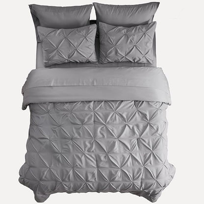 Bedsure Twin Comforter Set Grey - Bed in a Bag Twin Size Bedding 5 Pieces, GentleSoft™ Pintuck Bed Set Gift for Family, Pinch Pleat Grey Comforter with Sheets, Pillowcase & Sham