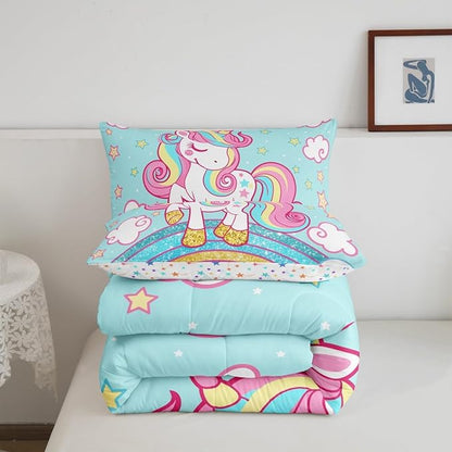 Feelyou Unicorn Bedding Full,Star Print Rainbow Kids Comforter Sets for Girls Comforter Set,Cute Unicorn Duvet Quilt,Cute Animal Bedding Rainbow Bedroom Decor,Blue