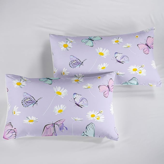 QOOMO Butterfly Comforter Set for Kids Teens Girls Women,Daisy Kids Bedding,1 Comforter with 2 Pillowcase, Microfiber 3 Piece Bedding Set for All Seasons，Twin Size