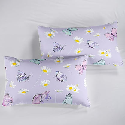 QOOMO Butterfly Comforter Set for Kids Teens Girls Women,Daisy Kids Bedding,1 Comforter with 2 Pillowcase, Microfiber 3 Piece Bedding Set for All Seasons，Twin Size