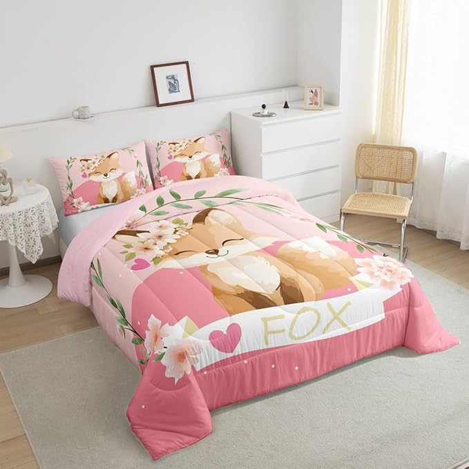 Feelyou Girls Cartoon Fox Comforter Set Cute Fox Bedding Set for Kids Boys Girls Kawaii Animal Duvet Set Botanical Floral Comforter 1 Comforter Set with 2 Pillowcases Full Size