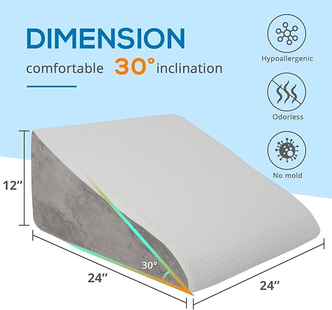 Sasttie Wedge Pillow, 12 Inch Memory Foam Bed Wedge Pillow for Sleeping, Acid Reflux, Back Pain, Post Surgery, and Snoring, Designed with Washable Cover, Solid Warm Gray