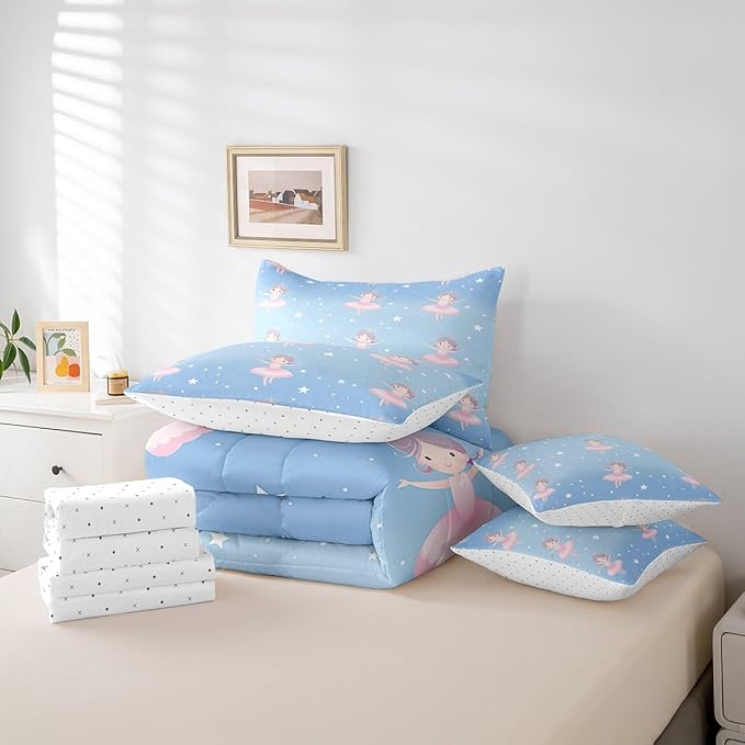 Feelyou Ballet Girls 7 Piece Bedding Set Queen Size Cute Ballet Girls Comforter Set with Sheets for Kids Girls Teens Toddler Dancing Girl Bed in a Bag Star Pattern Bed Set, Blue Pink