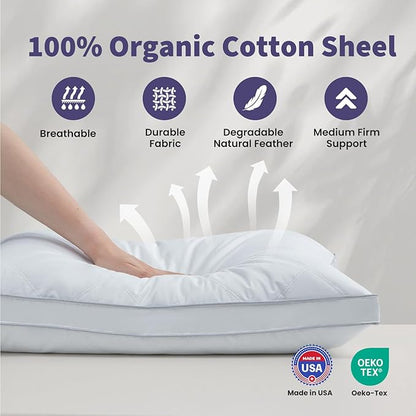 Dreamhood Luxury Goose Feather Down Pillow Queen Size Set of 2 - Made in USA Gusseted Hotel Bed Pillows with Premium 500 TC Cotton, Medium Firm Feather Down Pillow for Back